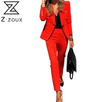 Z-Zouxの女性はズボンの赤い黒のパンツのスーツセットと2021人の女性のブレザーを持つ気質レディースブレザー