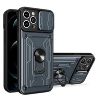 Card Holder Slot Phone Cases for iPhone SE 7 8 Plus X Xs Xr 11 12 13 Pro Max Camera Slide Cover Hybrid Armor Heavy Duty Protection with Metal Ring Finger Bracket Kickstand