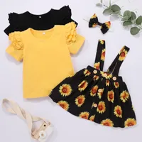 Clothing Sets 2021 Born Baby Girls Ruffled Solid Color Tops+floral Print Suspender Skirt Set Fashion Casual Clothes Ropa