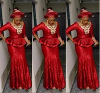 Rood kant Nigeria Avondjurken ASO EBI Lange Mouw Mermaid 2021 Abendkleureider Zuid-Afrikaanse Prom Party