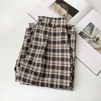 저렴한 도매 2021 봄 여름 새로운 패션 캐주얼 인기있는 긴 여성 바지 여성 여성 OL 넓은 다리 바지 격자 무늬 바지 BVY118 Q0801