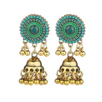 Retro Women's Indian Earrings Jhumka Gold Bells Tassel Alloy Green Round Dangle Earrings Bohemia Thailand Jewelry Brincos