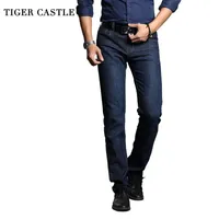 Jeans masculinos castelo tigre clássico homens magro negócio de trabalho calças casuais de algodão reta motociclista masmme denim calças