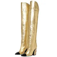 부츠 무릎 패션쇼 스타일 라인 스톤 기질 슬리브 디자인 감각 기사 위에 부츠 황금 고급 크리스탈 이상한 발 뒤꿈치