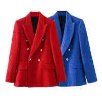 Traf kvinna Blazer Za Blue Women Tweed Jacket Långärmad Dubbelbröst Röd Vintage Office Elegant 211122