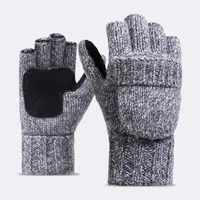 Garn stickad handskar halvfinger flip vinter ull tjock äkta läder varmt för kvinnor och män fem fingrar