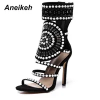 Aneikeh 샌들 여성 패션 오픈 발가락 디자인 하이힐 크리스탈 발목 랩 반짝이 다이아몬드 검투사 210615