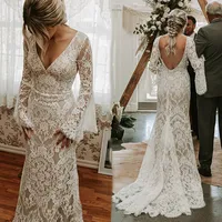 Rustic Style Lace Mermaid Wedding Dress Sexy Backless Illusion Long Flare Sleeves Bride Dresses V Neck Country Boho Bridal Gowns
