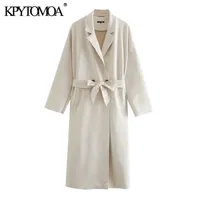 KPYTOMOA Women Fashion With Belt Faux Suede Trench Coat Vintage Long Sleeve Side Pockets Female Outerwear Chic Overcoat 211021