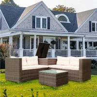 4 Piece Patio Sectional Wicker Rattan Outdoor Furniture Sofa Set with Storage Box - Creme US stock a10 a14