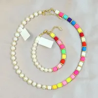 Earrings & Necklace 3 Sets Natural Pearl With Rainbow Soft Poterry Beads And Bracelets Jewelry 90146