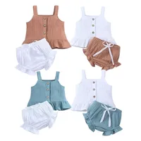 One Set Baby Girls Clothes Children&#039;s Suits Summer Infant Sleeveless Cotton Linen Vests+Shorts Bows Lace Outfits 220217