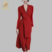 Business Elegant Vestido Da Festa Autumn And Winter Korean OL Belt Waist Notched Neck Slim Long Sleeve Red Dresses 210520
