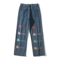 Мужские джинсы 2021 Корейский мода мультфильм письмо вышивка свободные прямые мужчины хип-хоп брюки повседневные женщины джинсовые брюки панталони UOMO