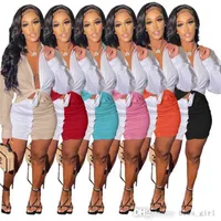 女性のコントラスト2ピースのドレスセットデザイナー長袖シャツ春夏の服Tシャツ中空ステッチトップショートスカートS-XL