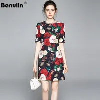 Banulin 2021 Luxury Runway Summer Vintage Jacquard Short Dress Women&#039;s Fashion Beaded Diamond Flower Print Black Mini Dressess Casual Dresse
