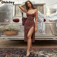Okkdey Lato Sexy Midi Dress Floral Print Backless Beach High Waist Party Split Kobiety Spaghetti Draped Lace Up Pasek Suknie Casual