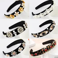 Baroque Palace Style Rhinestone Headband Pearl Accessories Gold Velvet Wide Brim for Women Hair Jewelry