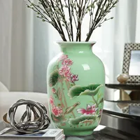 Jingdezhen Porcelain Vase ornament living room flower arrangement dry flower antique lotus patternlight green glaze vases