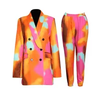 Avrupa ve Amerika Birleşik Devletleri Ofis Lady Kruvaze Blazer + Elastik Bel Dokuz Pantolon İki Parçalı Takım Set