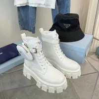 Monolith White in pelle bianca Nylon Caschetto da combattimento caviglia Piattaforma zeppe con bottini a blocchi di punta rotonda con bottini piatti designer di lusso per donne calzature fabbrica