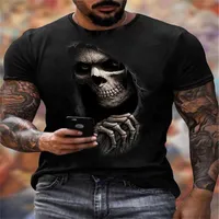 검은 두개골 남자의 3D 프린트 티셔츠 짧은 소매 터프 가이 스타일 할로윈 느슨한 힙합 록 파티 탑 스트리트 펑크 고딕 크루 넥 여름