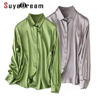 Suyadream 여자 솔리드 셔츠 93 % 실크 7 % 스판덱스 새틴 긴 소매 세련된 블라우스 가을 사무실 레이디