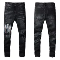Mens Designer Jeans Star High Elastics Distressed Ripped Slim Fit Motorcycle Biker Denim For Men s Fashion Black Pants#030