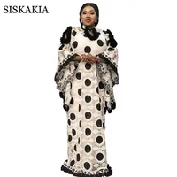 African Abaya Dress for Women Chic Siatki Słonecznik Haftowany Batwing Rękaw Kaftan z białą kamizelką Spadek 210517