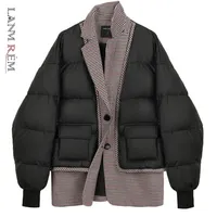 LANMREM 겨울 턴 다운 칼라 격자 무늬 패치 워크 싱글 브레스트 All-Match Stree Wear Black Cotton Padded Jacket 2A2947 2110925
