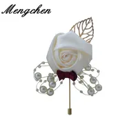 ピン、ブローチ美しいメタルブローチの結婚式の新郎Boutonnieres Pearl Ribbon Rosesコサージュの花嫁の装飾創造的な人工花ピン