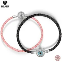 BISAER Real 925 Sterling Pink Leather for Women Clear CZ Round Clasp Rope Bracelets Silver Jewelry ECB114