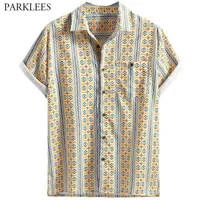 Etnisk stil Blommigryckt herrtröja Casual Loose Retro Hawaiian Shirts för män Striped Button Chemise Homme med fickan 210524