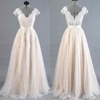 Simple Wedding Dresses 2020 Bridal Gowns Lace Appliques A-Line Capped Sleeves Sweep Train Plus Size Customized Vestido De Noiva