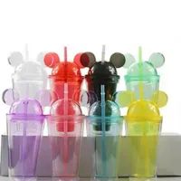 8 Colors 650ml Mouse Ear Tumblers with Dome Lid Acrylic Cups Straws Double Walled Clear Travel Mugs Cute Child Kid Water Bottles