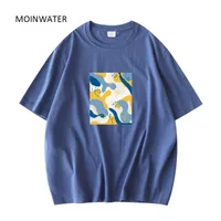 Frauen T-Shirt Moinwater Dunkelblau Kunstdruck T Shirts für Frauen Kurzarm Weibliche Baumwolle Tees Tops Sommer MT21035