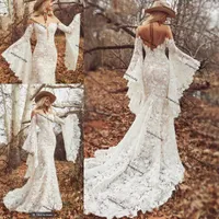 Longues manches Boho Robes de mariée 2021 Sheer O-Col Vintage Crochet Bold Coton Dentelle Bohemian Hippie Country Robes de mariée