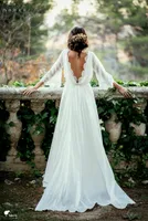 Ivory Lace 3 4 Long Sleeve Backless Bohemian Wedding Dresses Summer Court Train Flow Chiffon Plus Size Beach Bridal Gowns