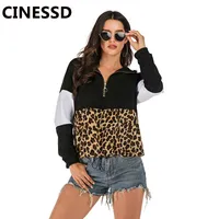 Kvinnor Tröjor Cinesd Kvinnor Leopard Hooded Black Långärmad Patchwork Zipper Elastic Tie 2021 Casual Toppar Pullover Hoodie