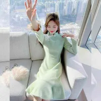 Green temperament slim cheongsam improved stitching lace dress women's new bottomed A-line skirt in autumn and winter 2021