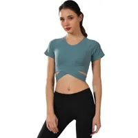 ヨガ衣装女性2021腰椎セクシースリム半袖Tシャツトップジムスポーツクロススケジャードライドレススパンデックス