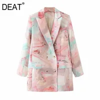 [DEAT]Women Printed Mixed Color Double Breasted Blazer Lapel Long Sleeve Loose Jacket Fashion Spring Autumn 1870 210918
