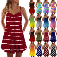 2021 Европейское и американское платье Tie-краска Градиентная диагональная полоса горизонтальная печать Pepare V-образным вырезом подвеска юбка