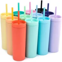 16-onsu Tumblers Çift Plastik Düz Tüp Süt Kahve Ile Saman Mat Şeker Renk İnce Seyahat Taşınabilir Su Bardakları