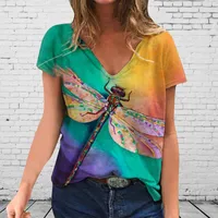 Dragonfly Print T Shirt Plus Size Women Fashion Camisetas Mujer Kortärmad V-hals Tops Tee Sommar Casual Loose Femme T-shirts Kvinnors T-sh