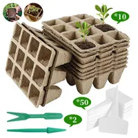 10PCS 10-Grid Biodegradable Seed Starter Peat Pots Kit With 2PCS Seedlings Dibbers And 50PCS T-Shape Plant Labels Tags Trays Y0314