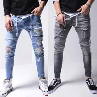 Erkek Kot Hirigin Erkekler Ince İpli Delik Yırtık Fit Denim Pantolon Trendy Yan Şerit Fermuar Kalem Hip Hop Streetwear