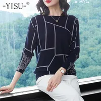 YISU Fashion Women Geometry Print Sweater Long Sleeve Jumpers Knitwear Autumn winter Pullovers high quality Knitted sweaters 211011