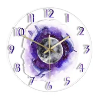 壁掛け時計ムーンとクジラを印刷したアクリル時計紫色のファンタジーアートワークタイムピースサイレントクォーツ