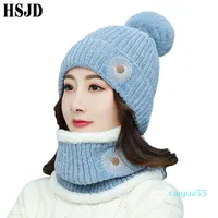 Beanie Skull Caps Sunflower Women Hats 2021 Winter Chenille Knitted Hat With Scarf Set Warm Elastic Skullies Beanies Female Protect Neck Sno